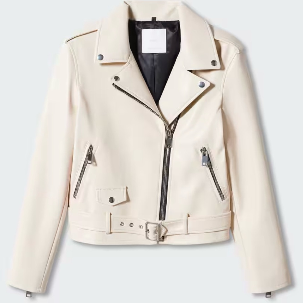 New Cream Faux Leather Moto Jacket by MANGO